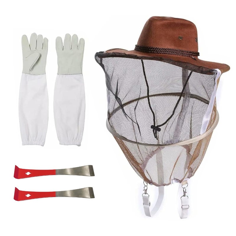 witbee Beekeeping Cowboy Hat, Set of Beekeeping Hat with Goatskin Gloves and Stainless Steel Hive Scraper Tools, Professional Beekeeper Hat Beekeeping Equipment Beekeeper Hand Tool - Image 1